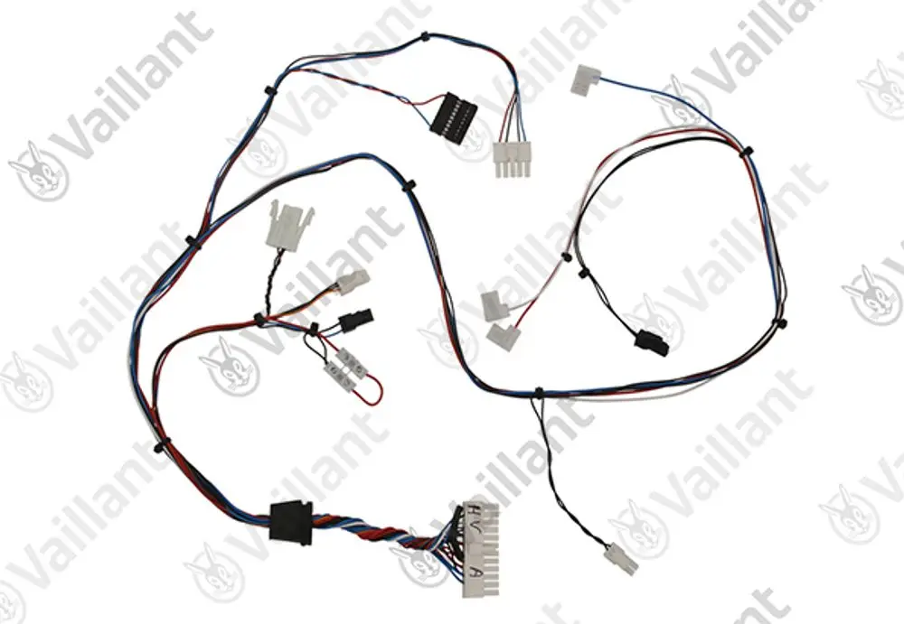 Kabelbaum von Vaillant mit mehreren Anschlusssteckern und Kabeln in verschiedenen Farben, geeignet für elektrische Verbindungen in Heizsystemen.